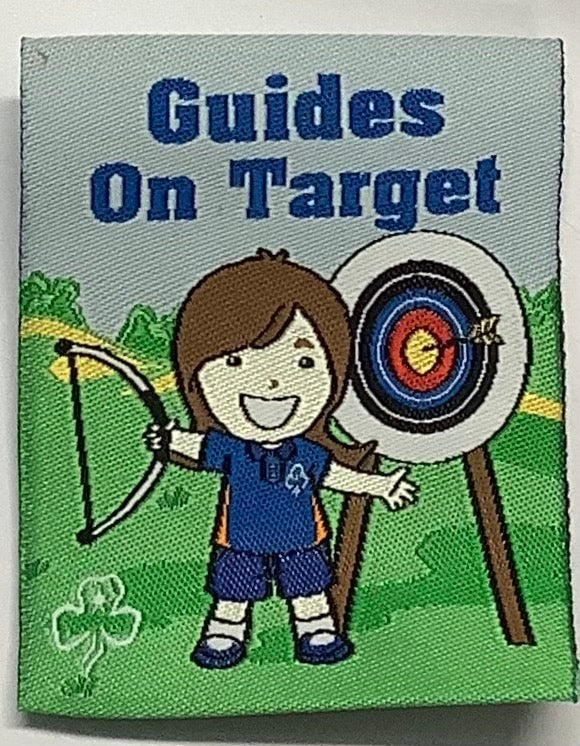 a square unbound badge with a guide holding a quiver with a target with an arrow