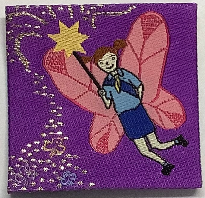 a square purple unbound badge with a guide with pink wings
