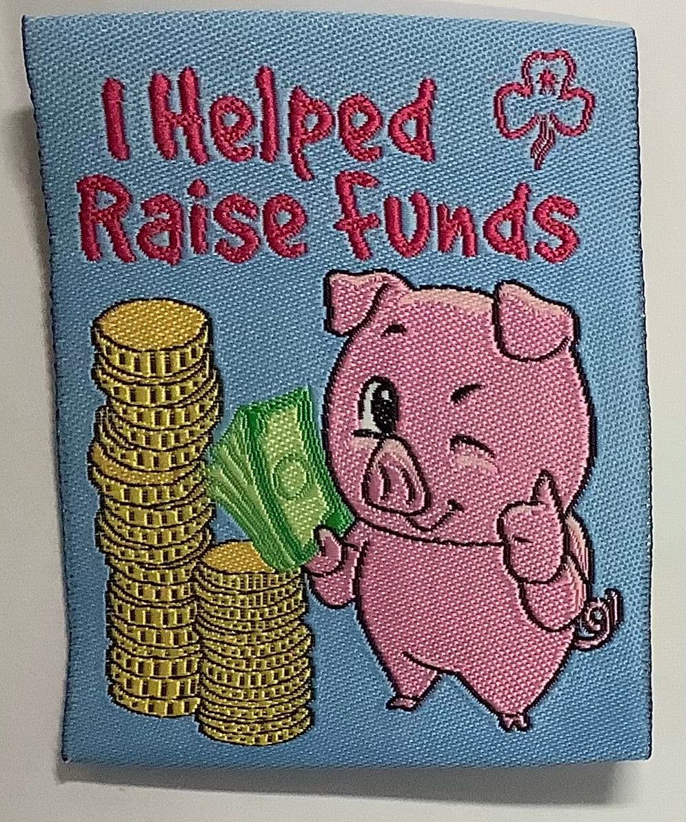 a square unbound badge with a piggy and piles of coins