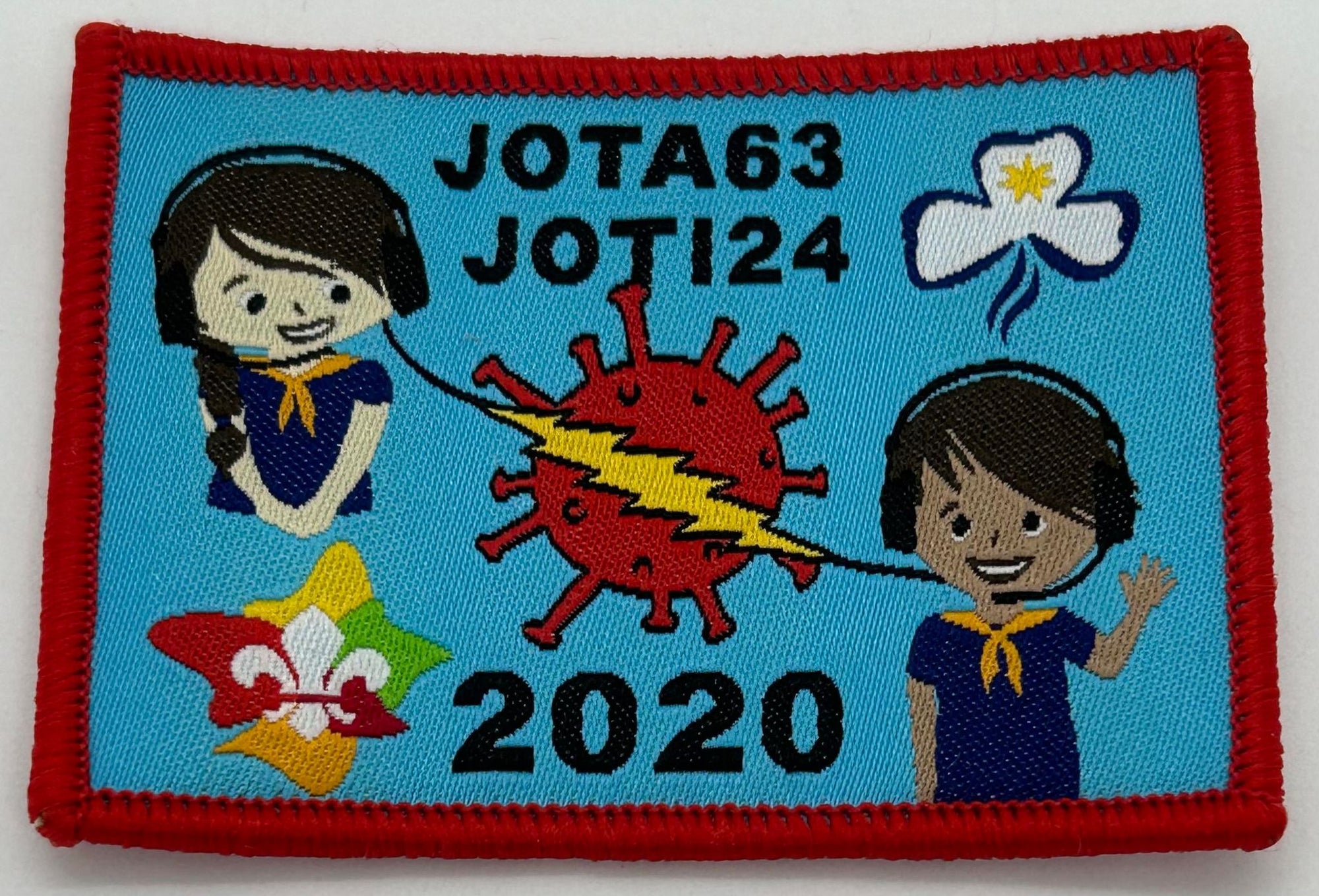 a rectangular blue badge bound in red with two guides communicating over the airwaves