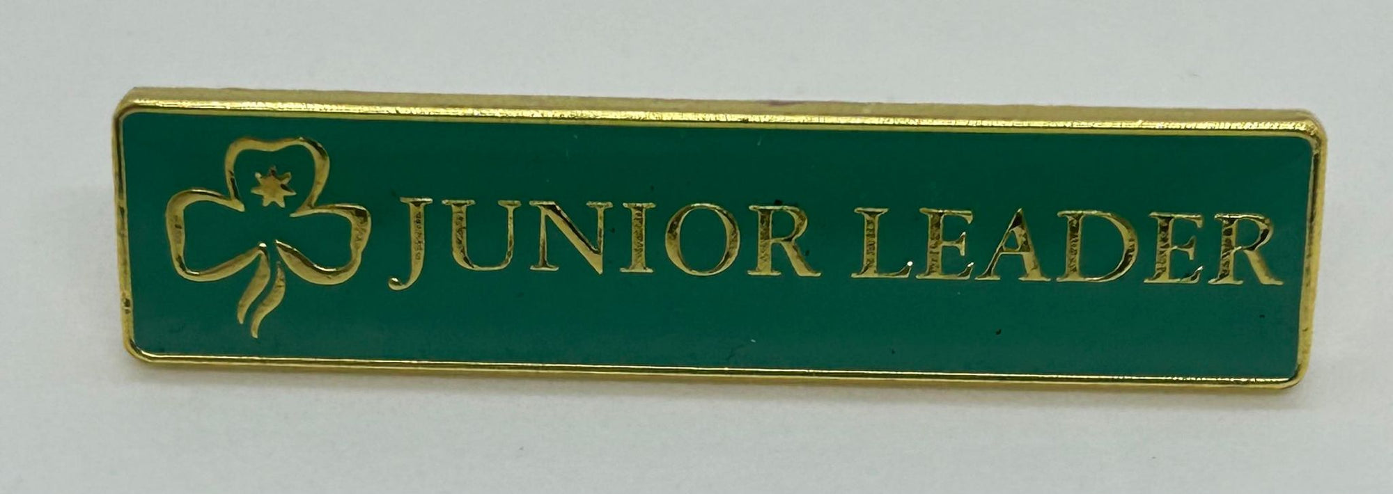 a rectangular metal badge with a green enamel front with the words junior leader