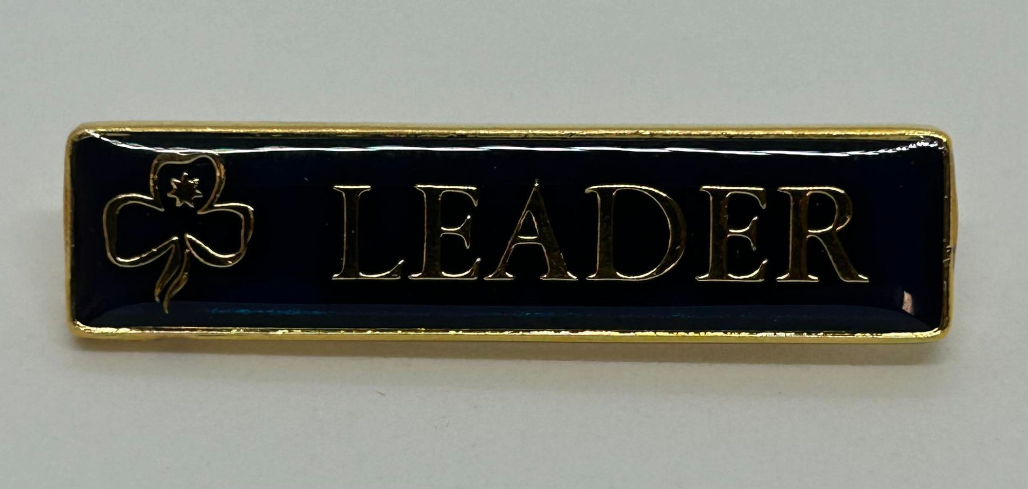 a rectangular badge with a navy enamel front with the word leader in gold