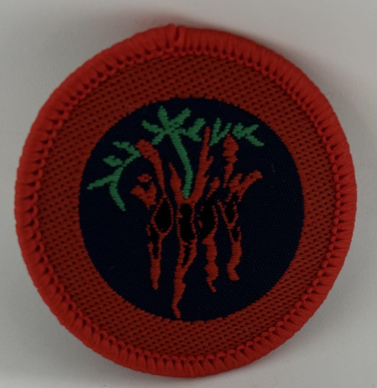 a round badge bound in red with the starts desert pea in the middle