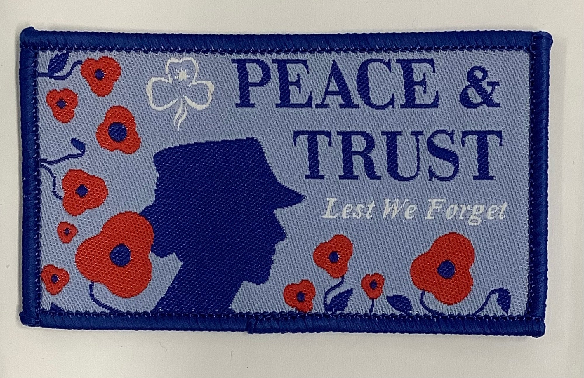 a rectangular light blue badge bound in dark blue with a servicewoman and poppies