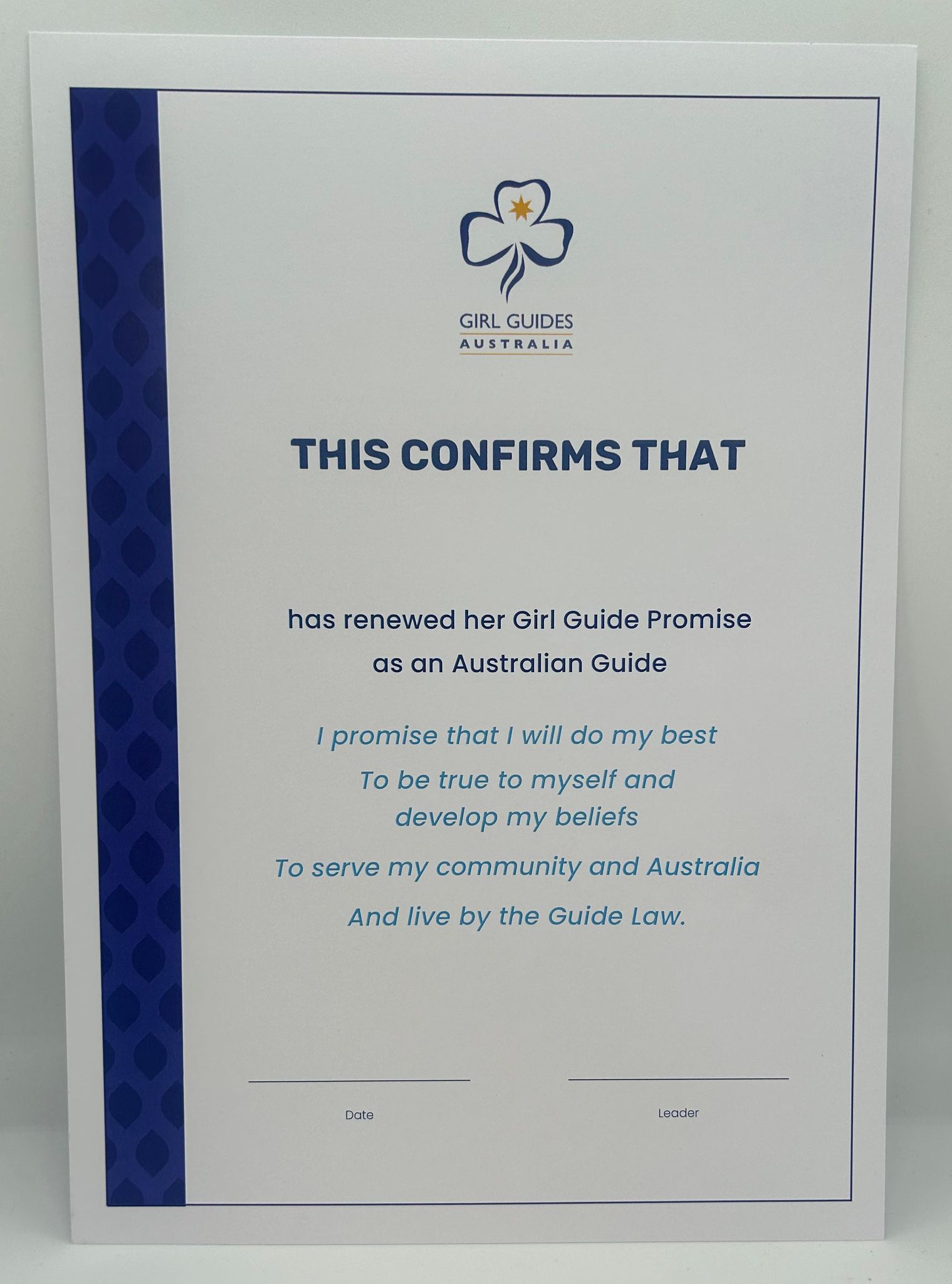an A4 certificate that is given when someone renews their promise