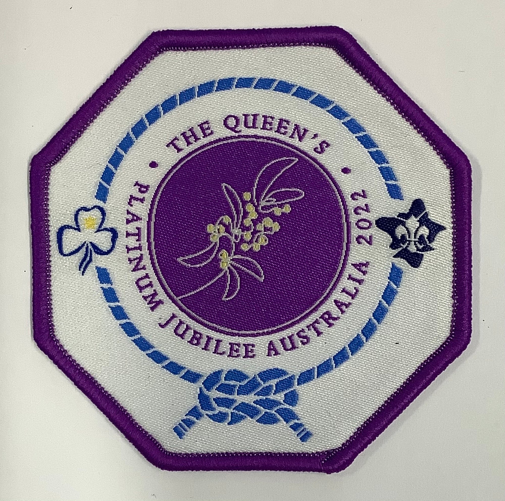 an octagon shaped badge bound in purple with the guide and scout logo