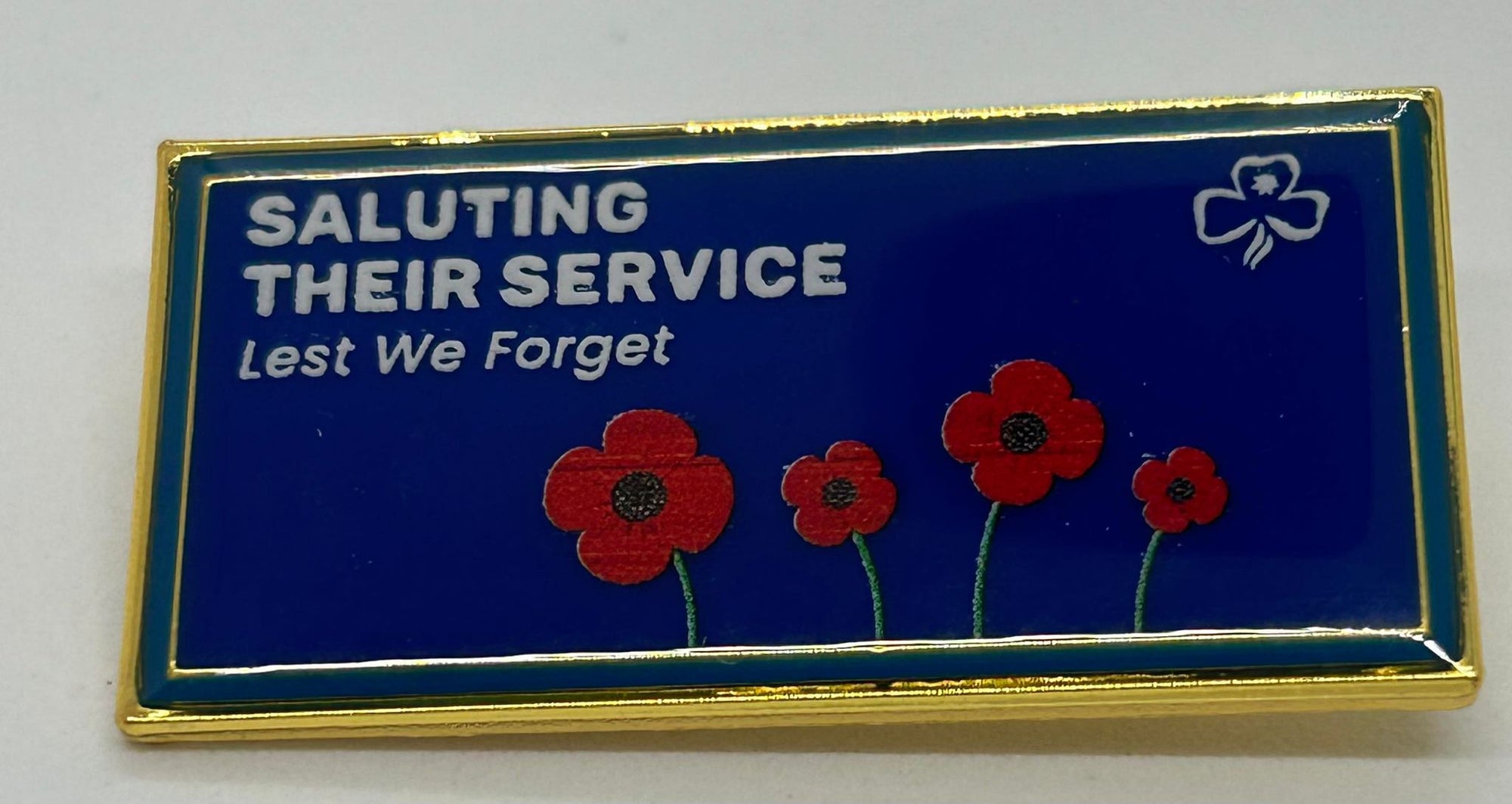a metal badge with a blue enamel front with poppies on it