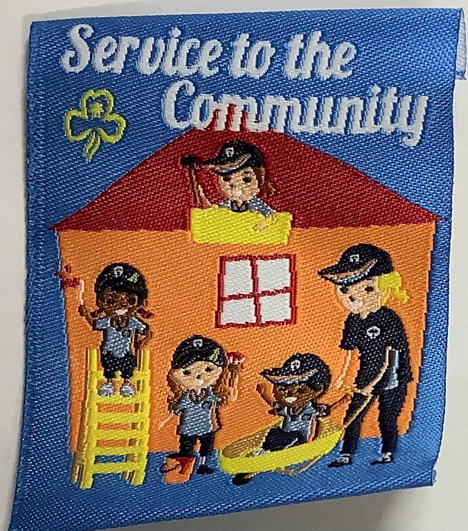 a square unbound badge with a blue background with guides helping with the outdoor upkeep of a house