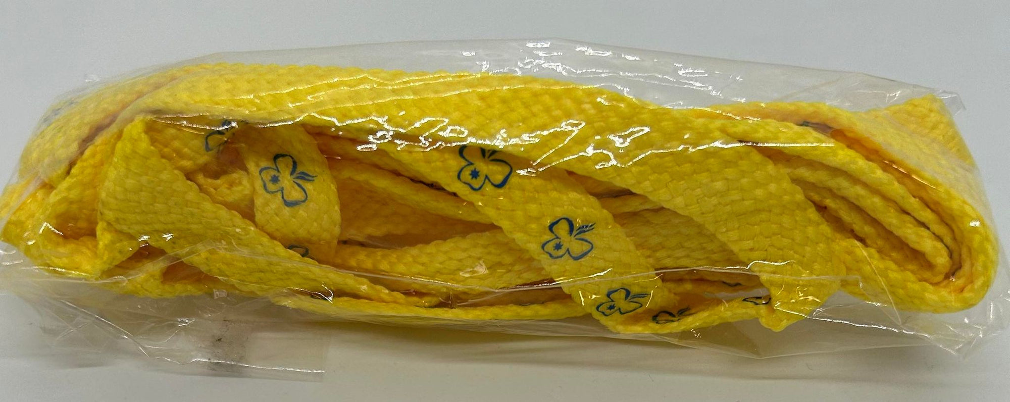 yellow shoelaces with blue trefoils