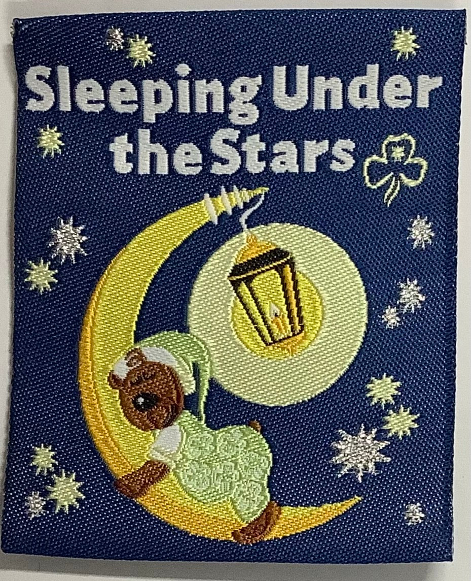 a square unbound blue badge with a bear sleeping on a sliver of the moon with a night light attached
