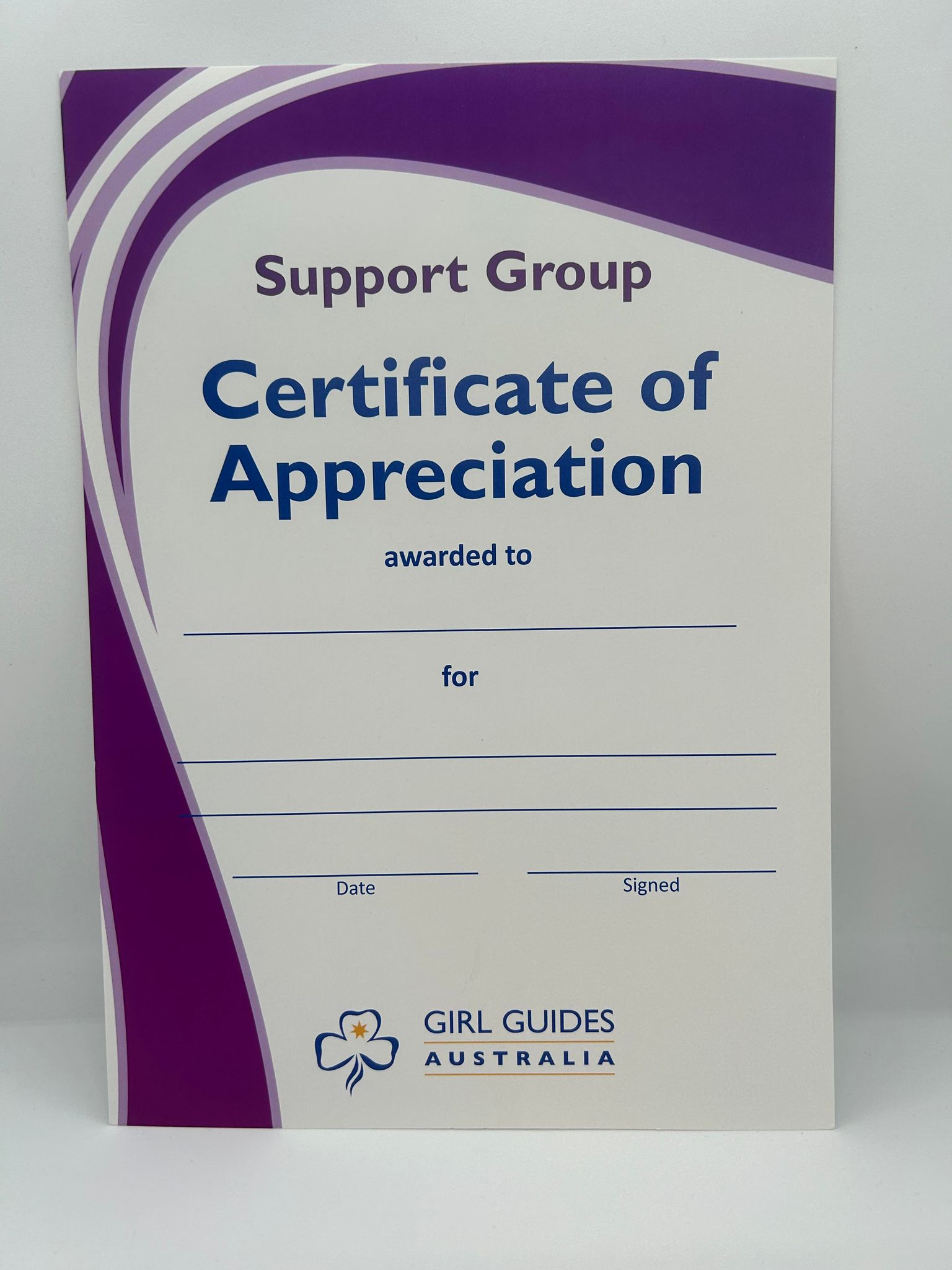 an A4 certificate of appreciation from the support group with purple swirls