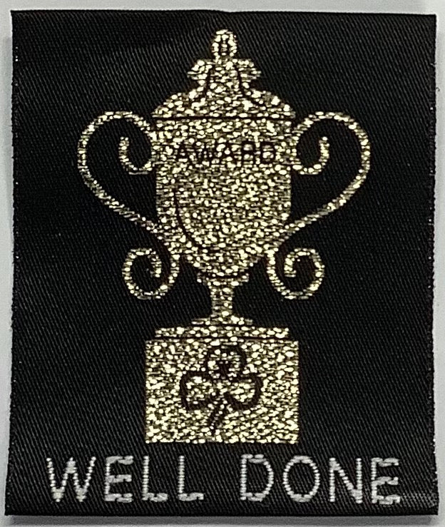 a square unbound black badge with a silver trophy