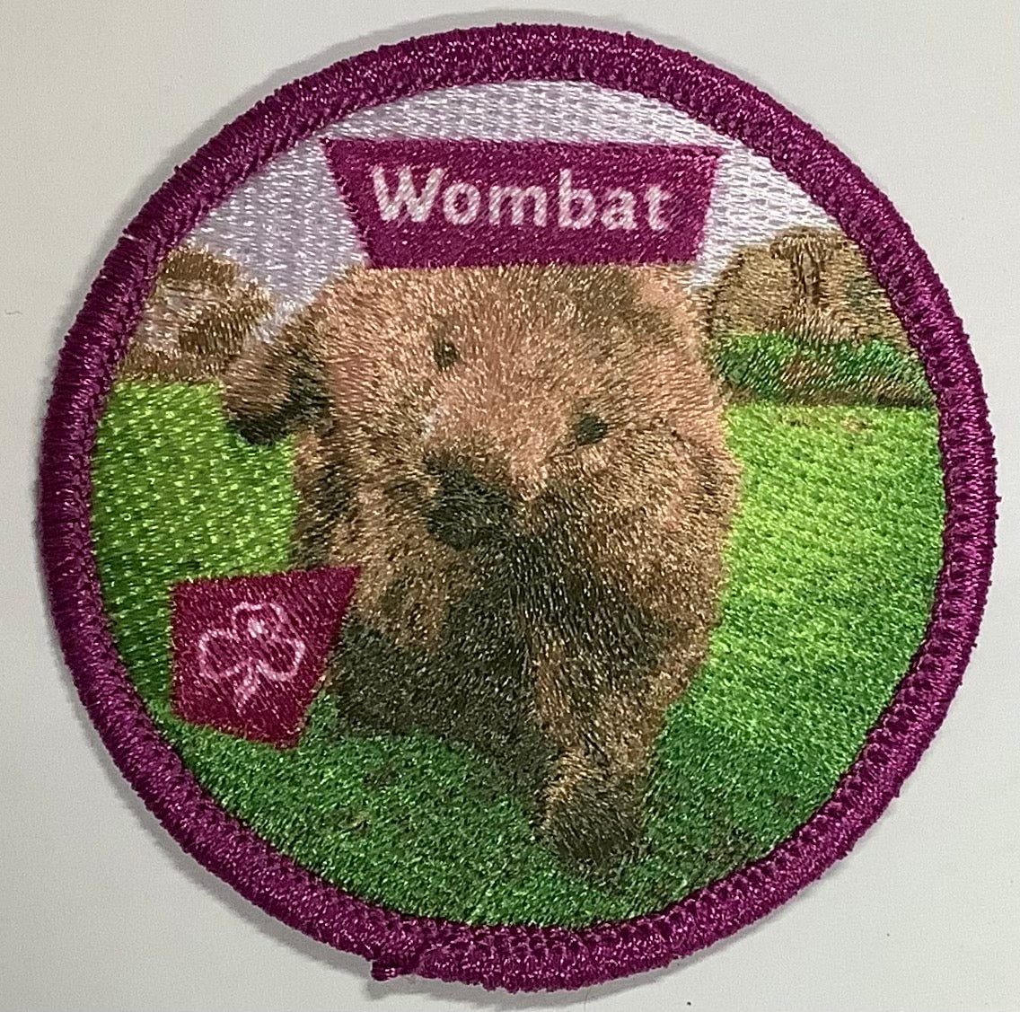 a round badge bound in purple with a wombat