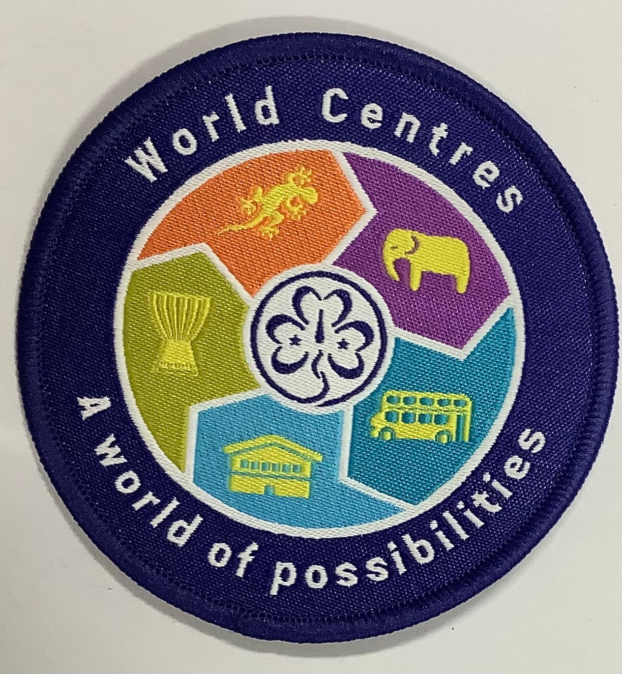 a round badge bound in blue with the symbol of each world centre
