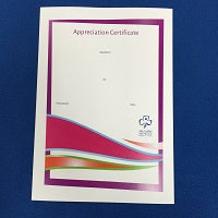 A4 appreciation certificate mostly with the trefoil and the coloured swirls at the bottom of the page, swirls are a combination of pink, orange and green