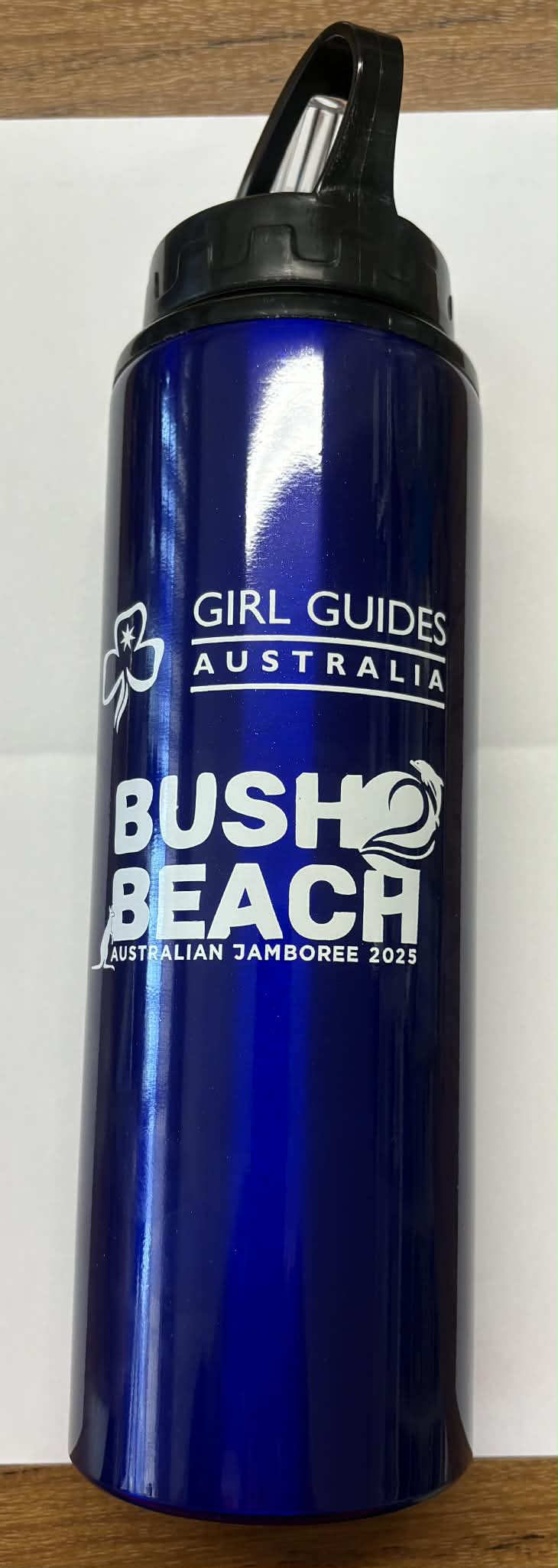 blue drink bottle with GGA and the Bush 2 beach logo