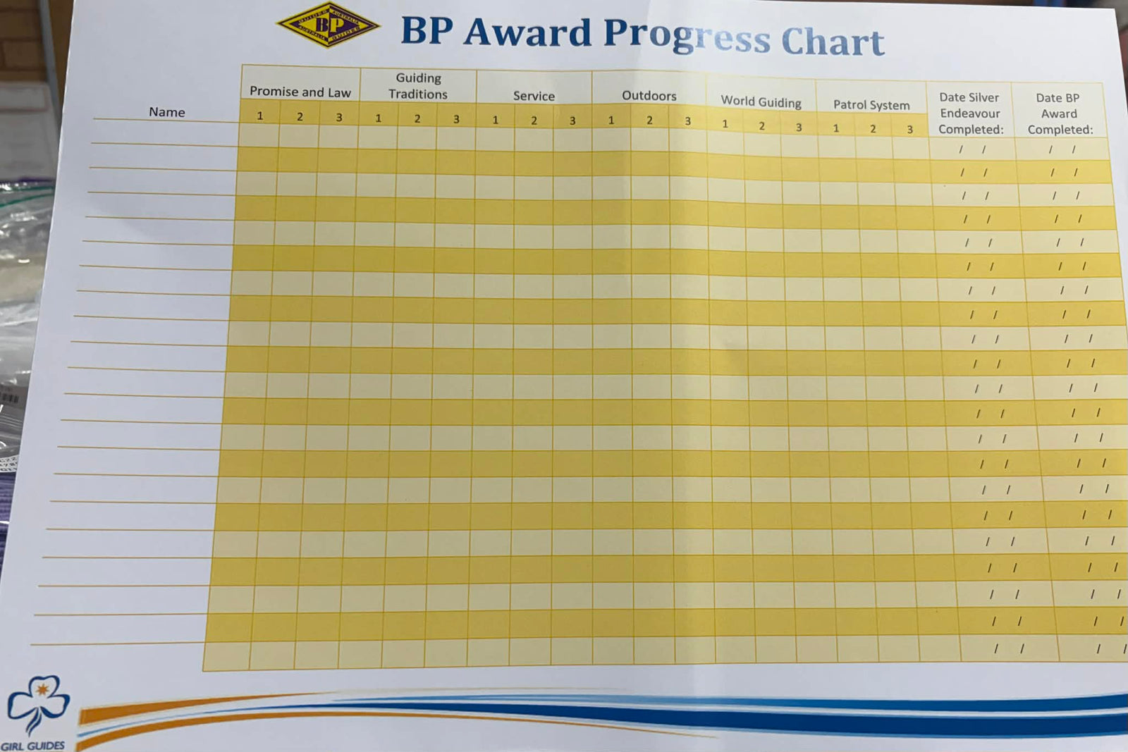 BP Award Progress Chart with a yellow grid on a white background