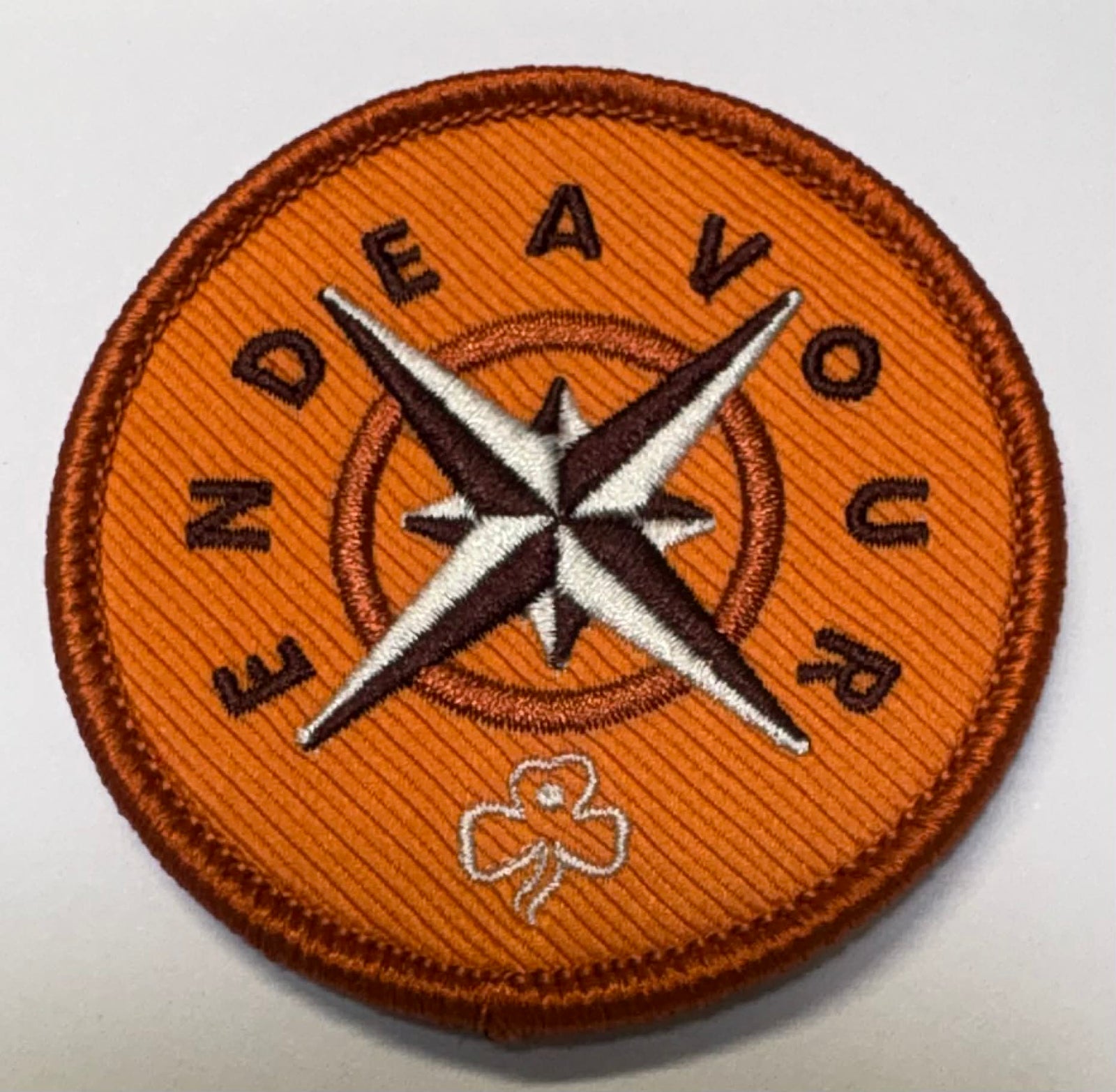 Round bronze badge with compass design and 'Endeavour' text on an bronze background