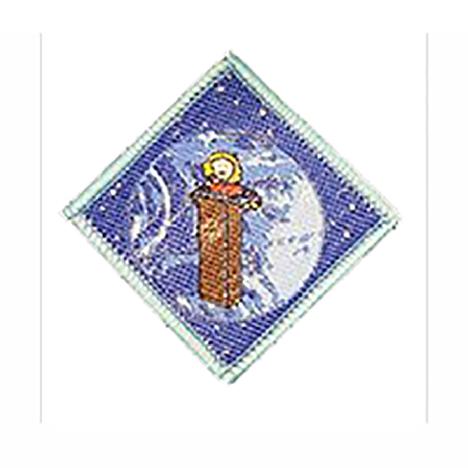 diamond shaped bound in light green badge with a girl at a lectern talking with an image of the earth behind her.