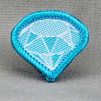 blue badge in the shape of a diamond bound in blue