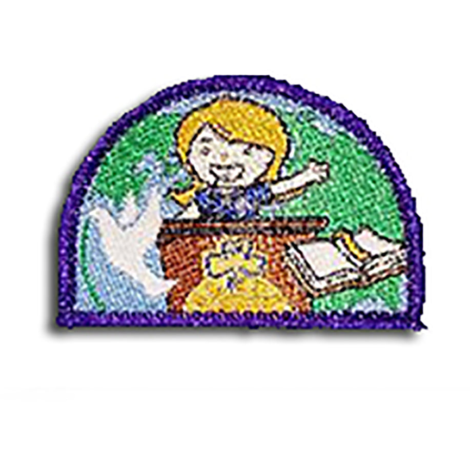 semi circle shaped badge bound in purple with a girl at a lectern speaking
