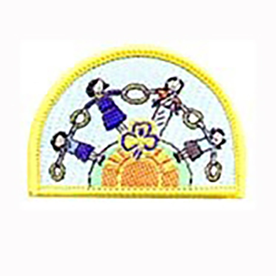 a semi circle shaped badge bound in yellow with girls linking their arms with chains