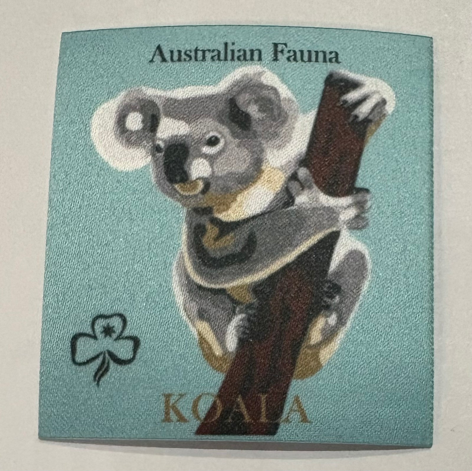 A square unbound grey badge with a koala up a tree