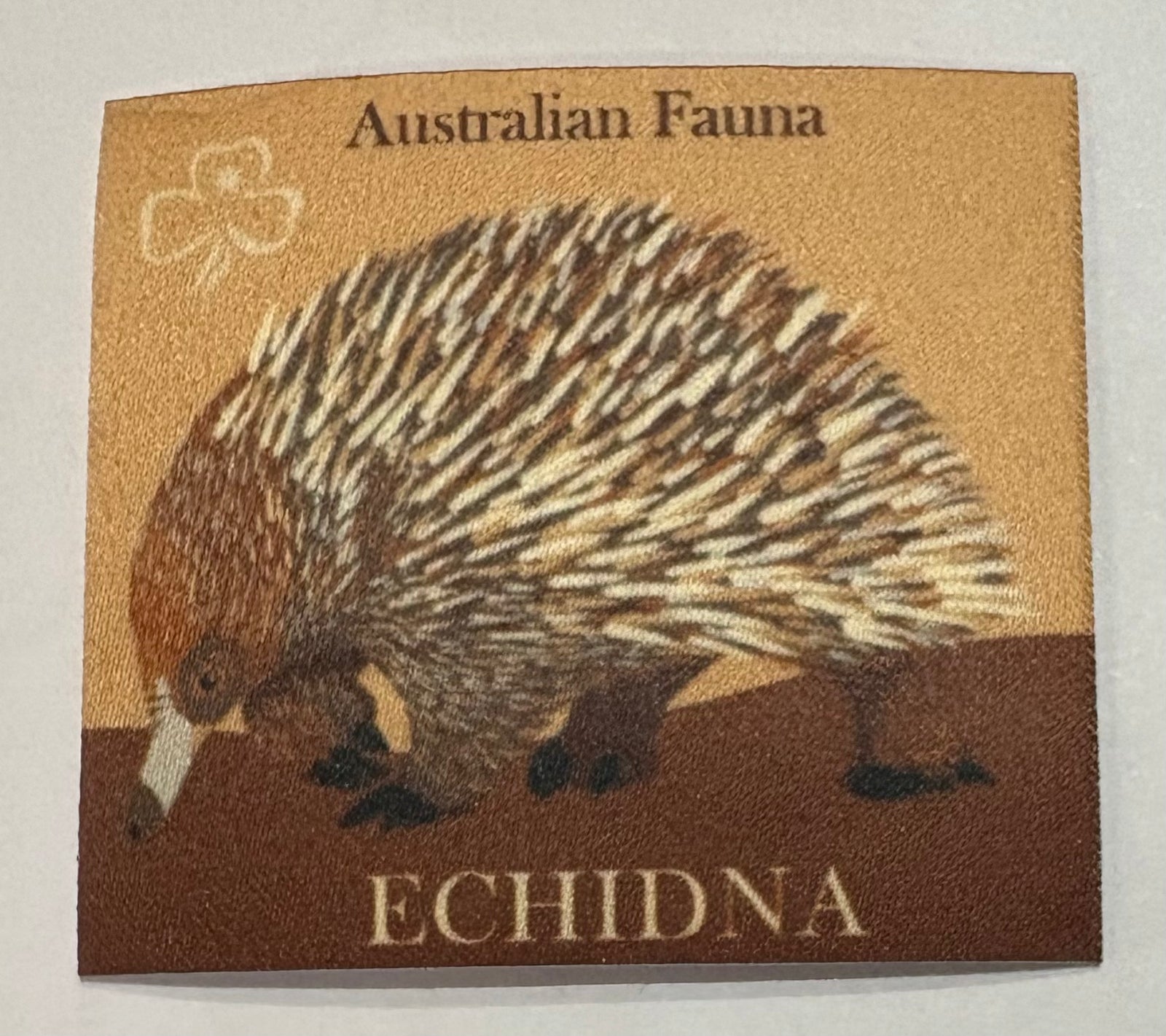 A square unbound brown badge with an echidna 