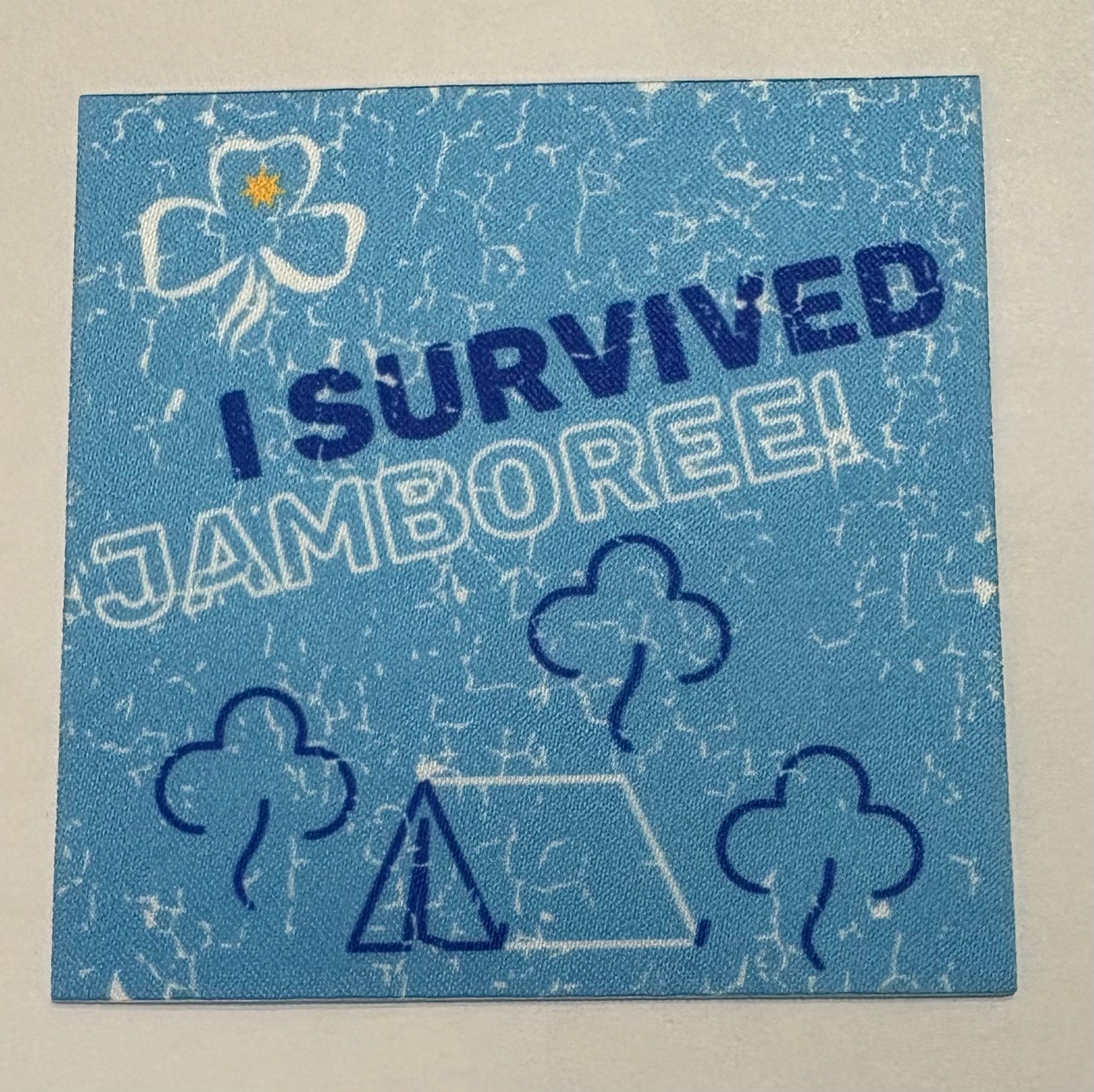 A square blue unbound badge with trees and a tent