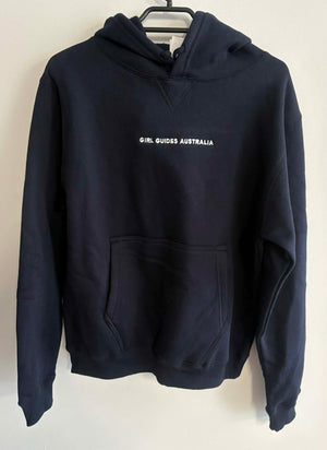 Navy hoodie with 'Girl Guides Australia' text on a white background