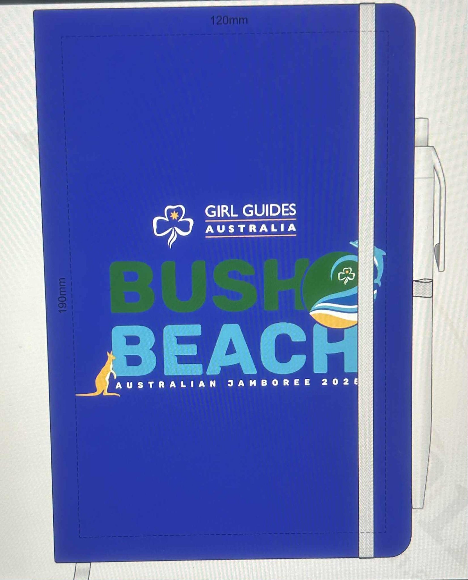an A5 sized notebook with a light blue cover with Girl Guides Australia and the Bush to Beach logo on the front with a pen attached