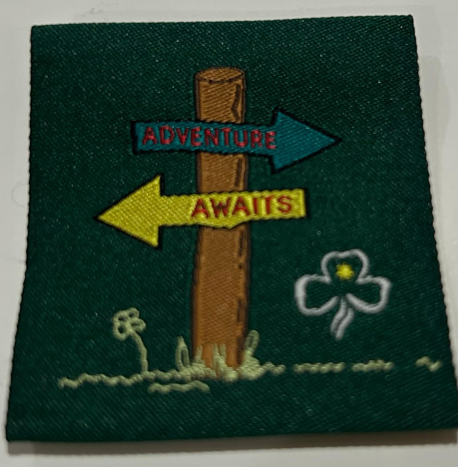 a square green unbound badge with a sign post that reads adventure awaits