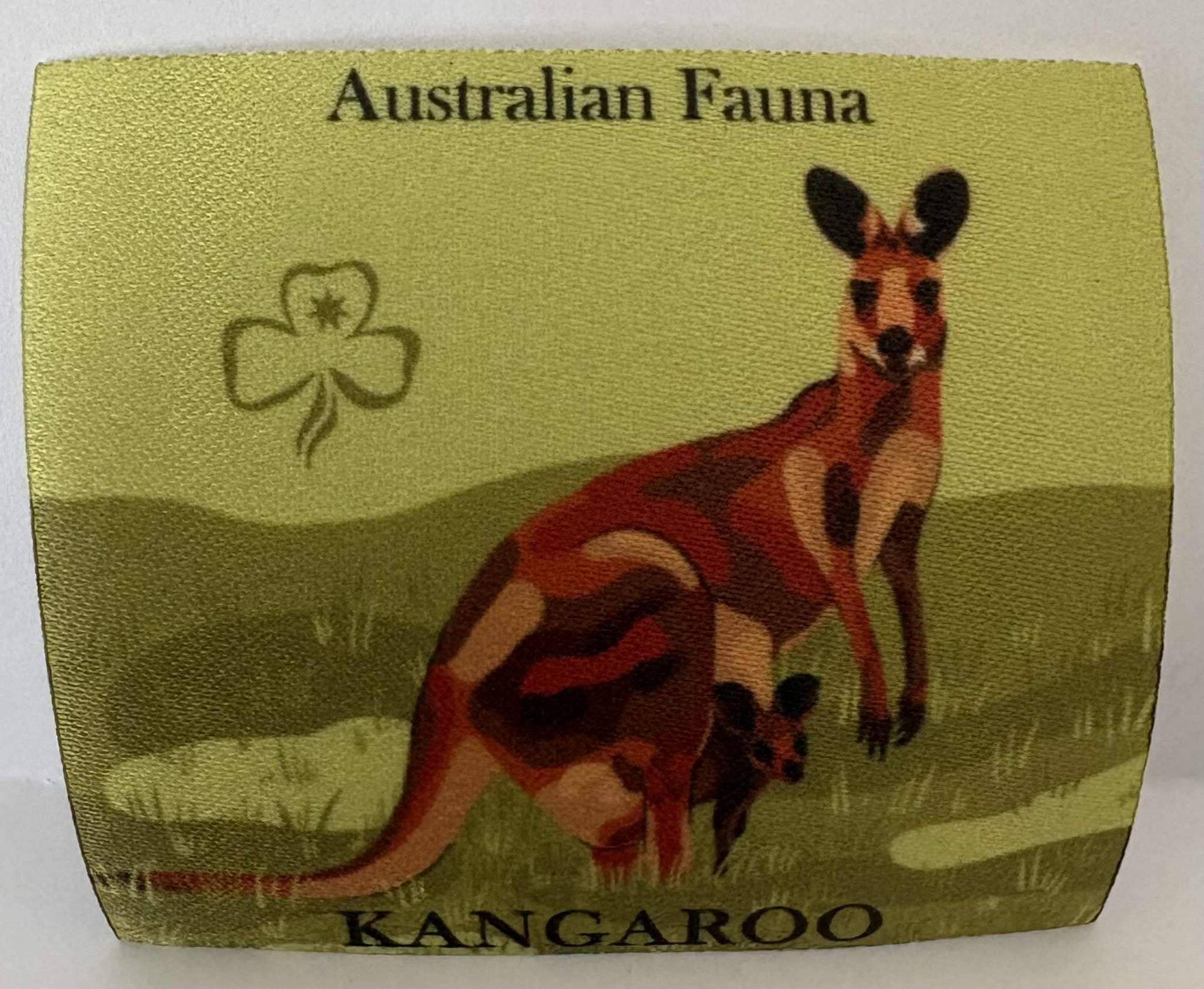 a square unbound badge with a Kangaroo design on a green background with 'Australian Fauna' text