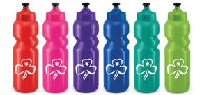 a plastic reusable drink bottle available in red, pink, purple, blue, teal or green