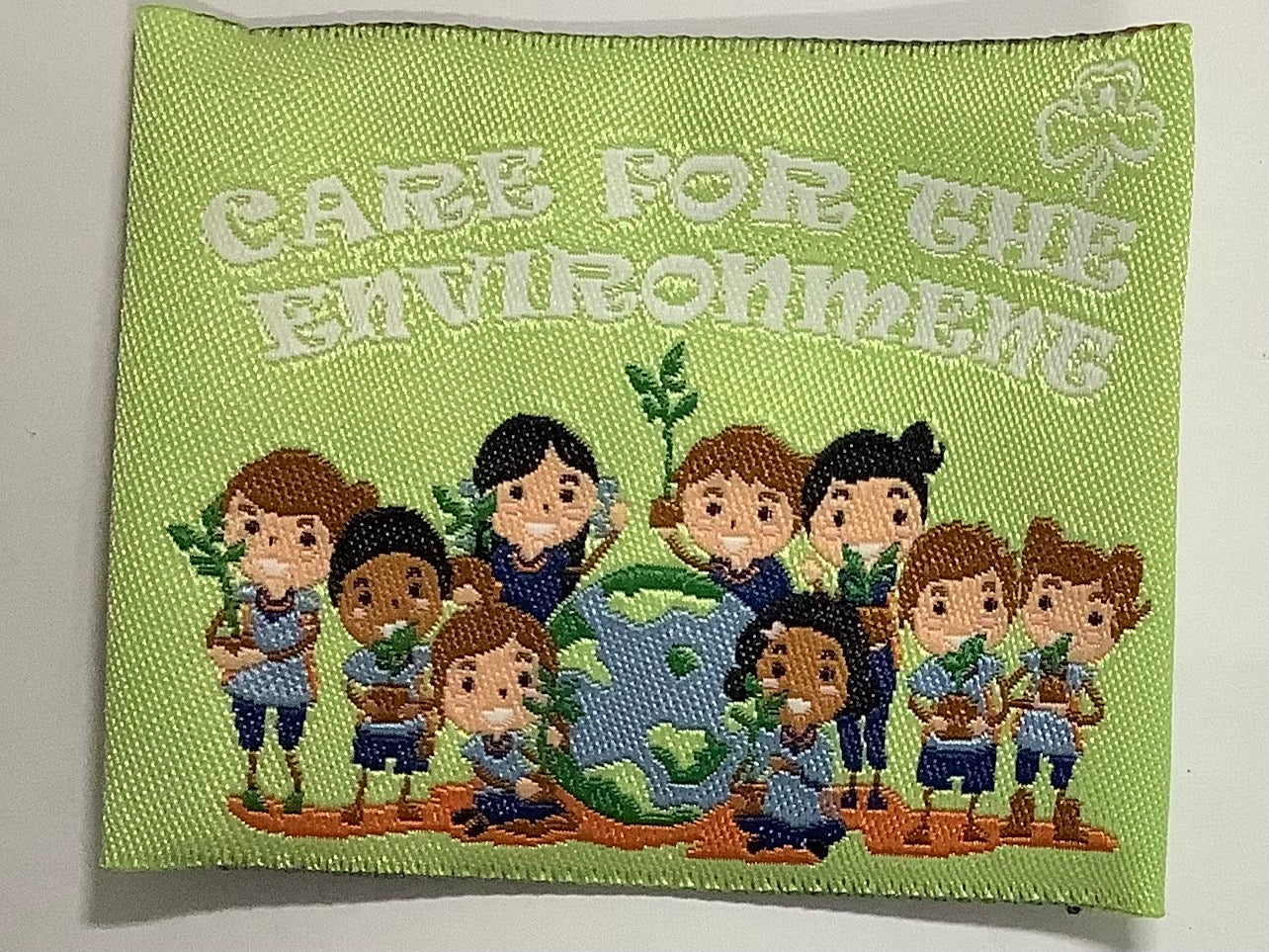 a square green unbound badge with guides, a globe and plants