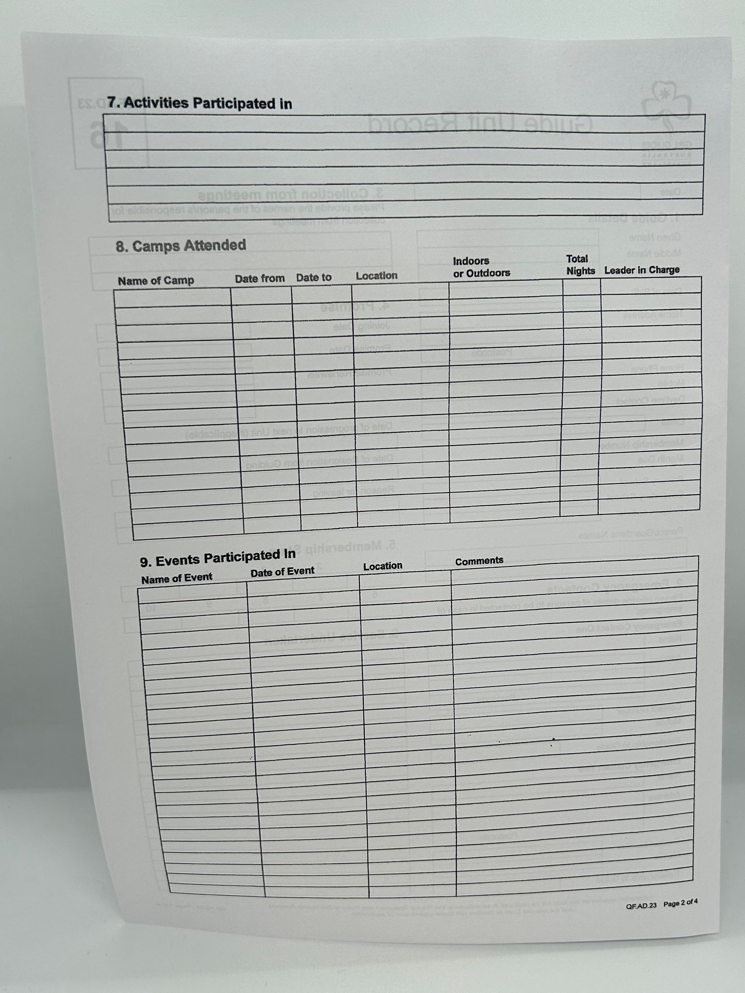 a record sheet that keeps track of each girls achievements