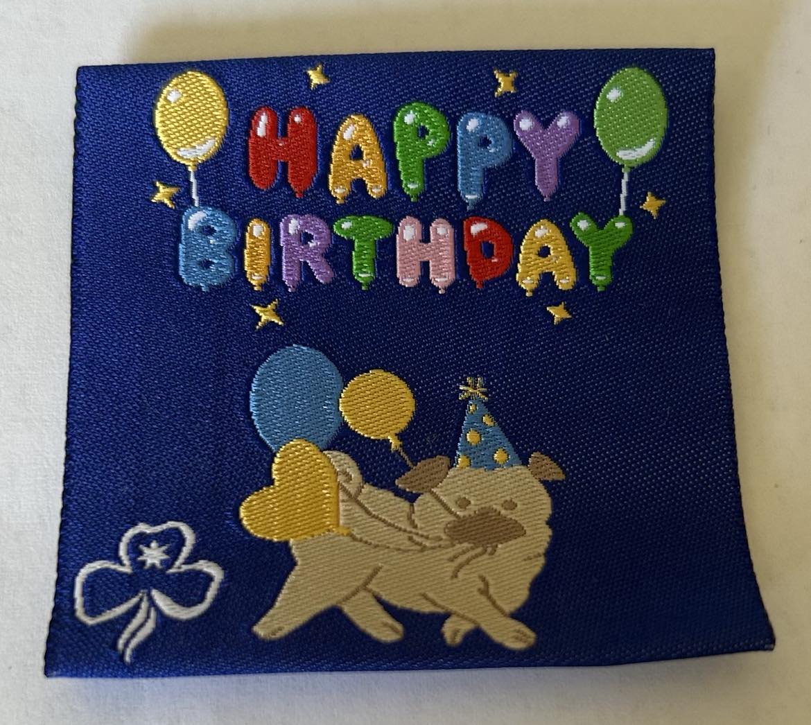 a blue square unbound badge with a pug in a party hat and the words happy birthday
