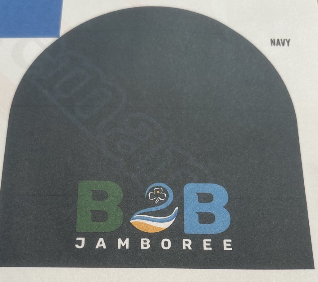 a navy blue beanie with the B2B Jamboree on the front