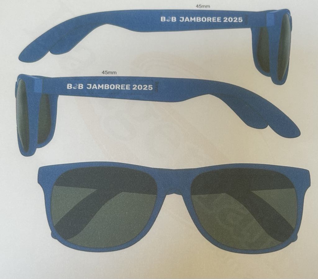 navy blue sunglasses with the words B2B Jamboree 2025 on the arms