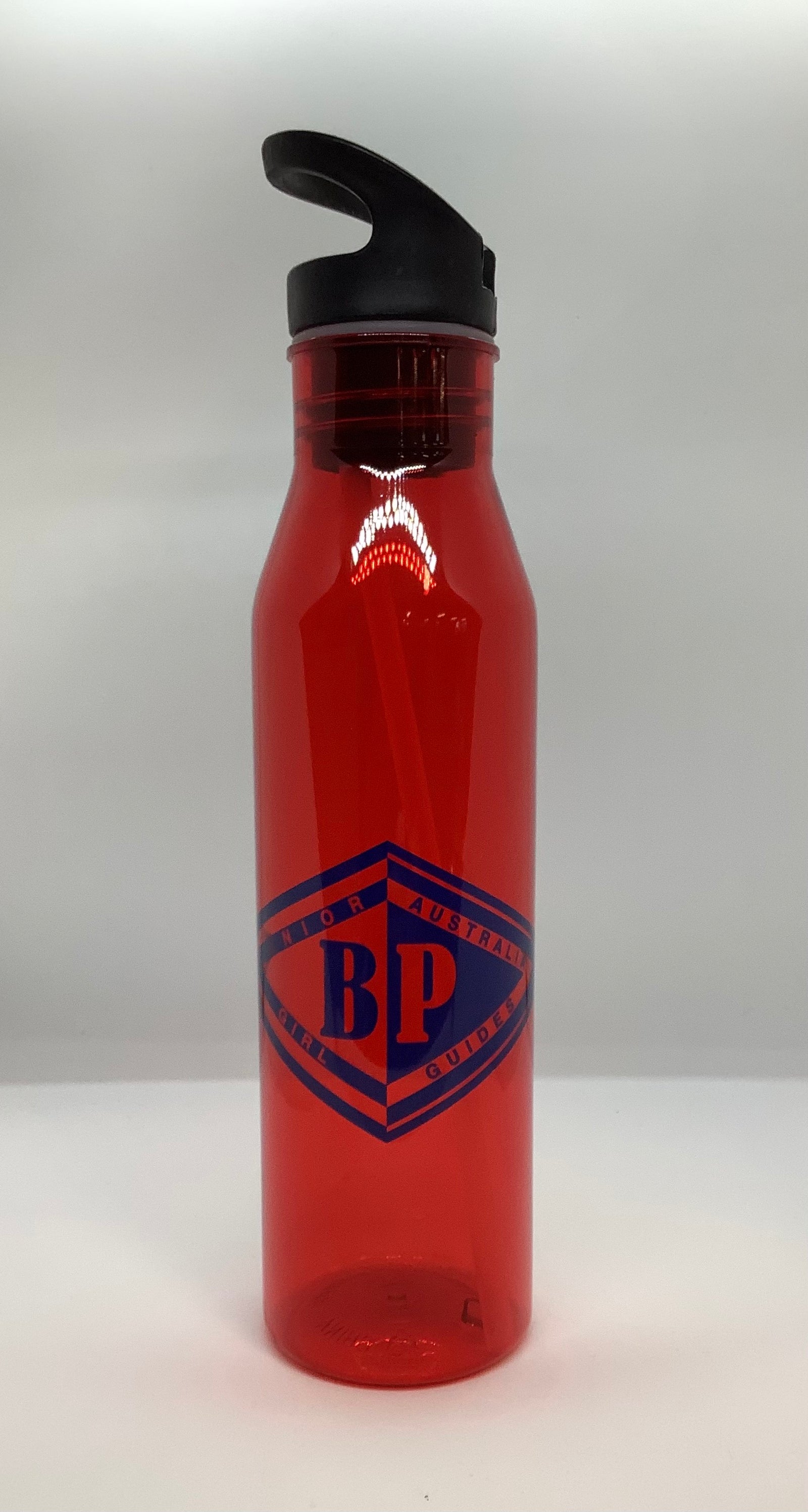 a red water bottle with the junior BP emblem in blue