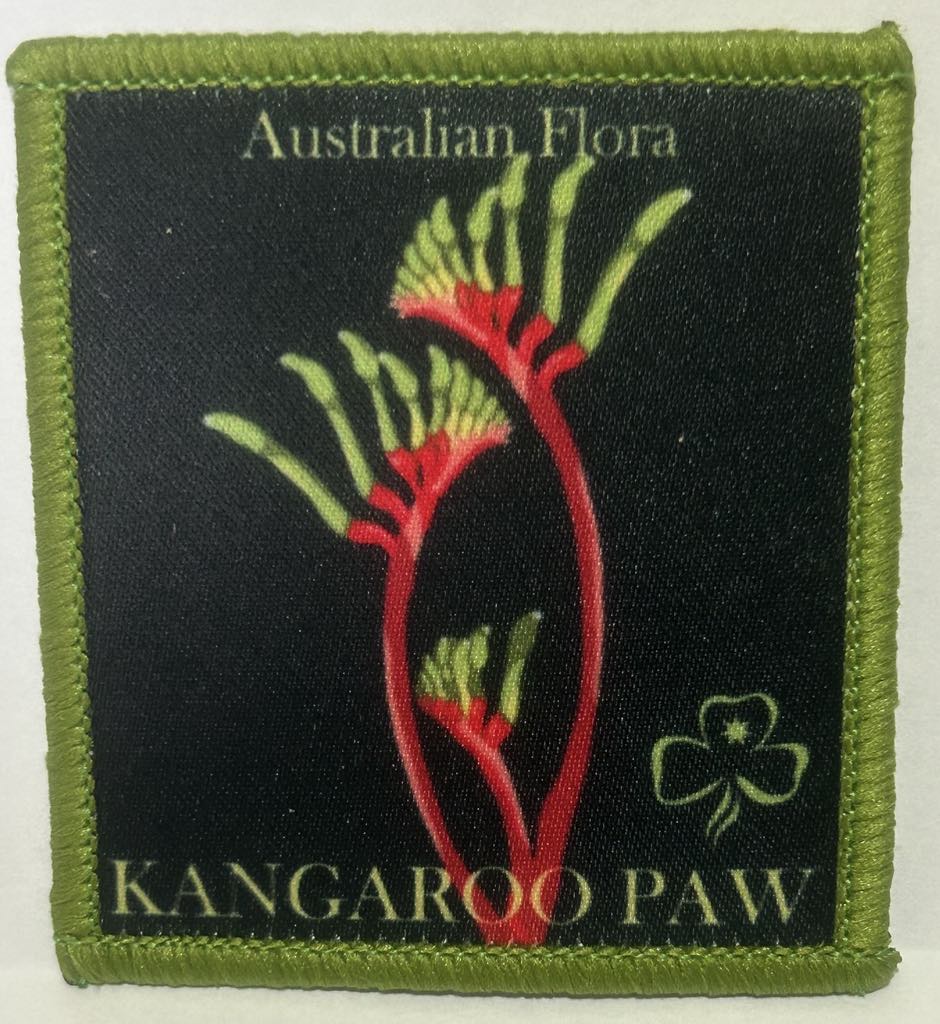 a square badge bound in green with a black background with a picture of a kangaroo paw