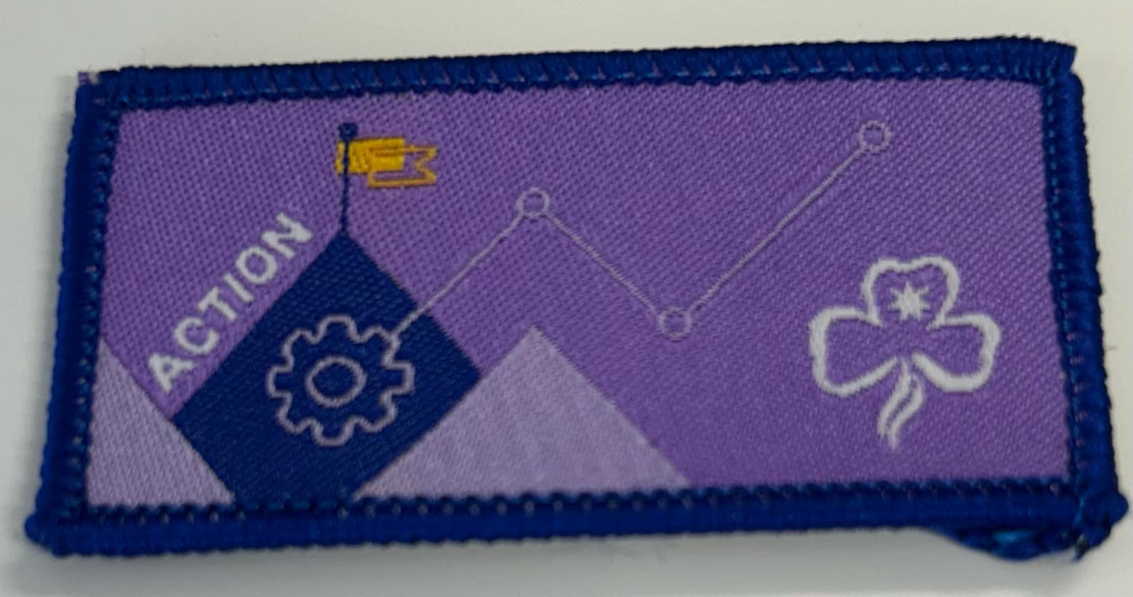 a rectangular bound purple badge with a cog, flag and trefoil