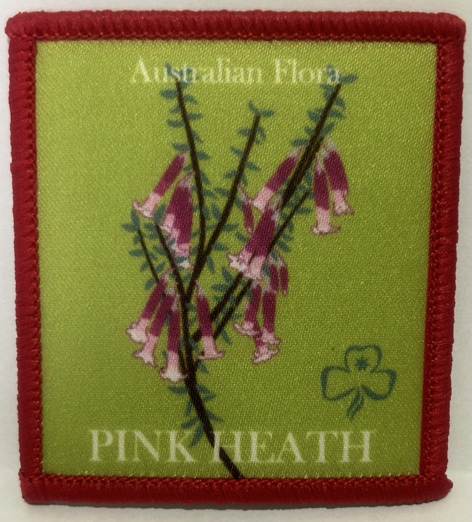 a square badge bound in red with a lime green background and a picture of a pink heath