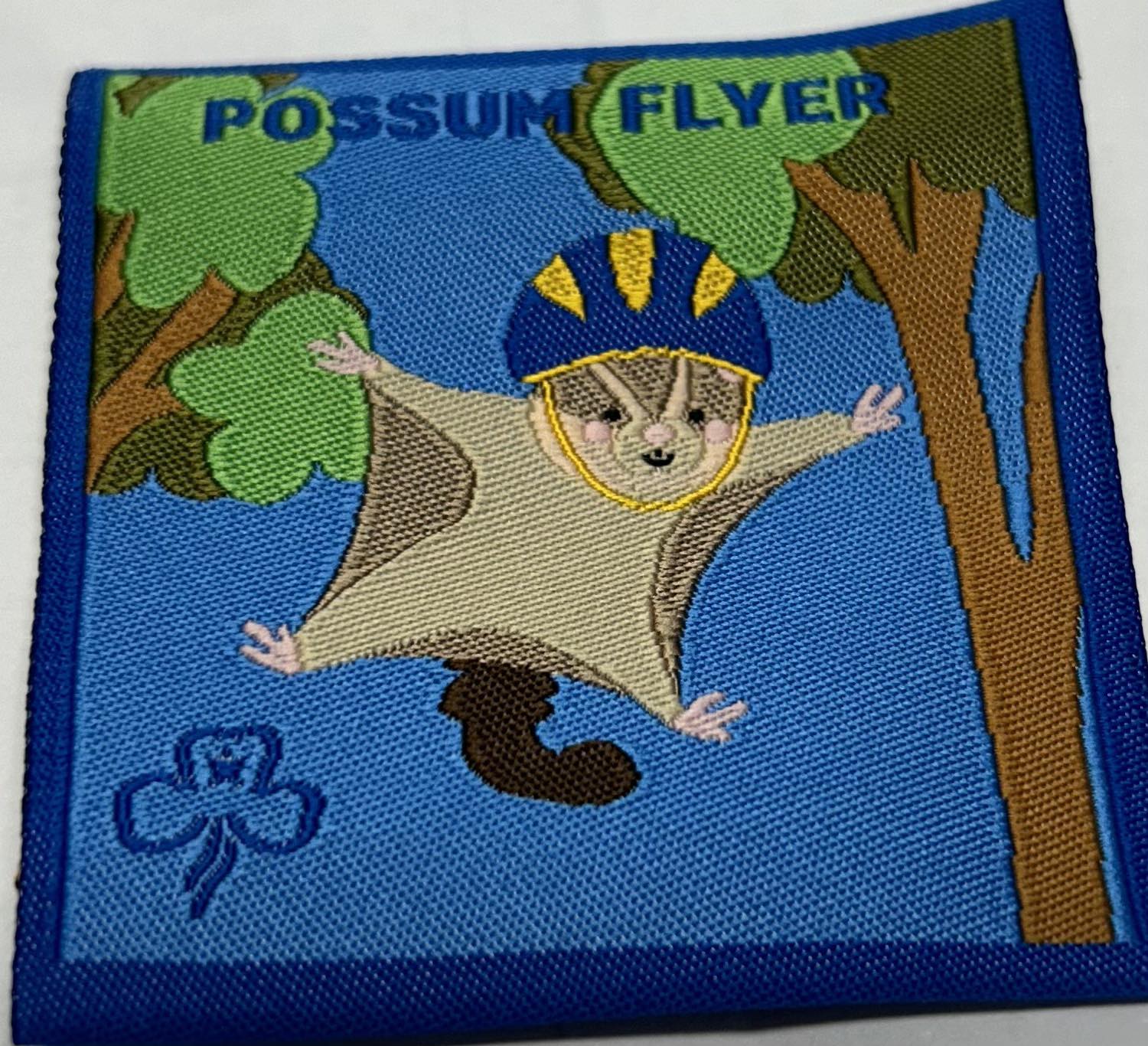 an unbound square badge with a blue background with a possum flying through the sky with a helmet on
