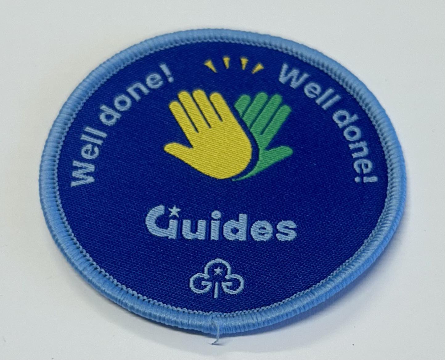 a round blue badge bound in light blue with two hands high diving with the words well done guides