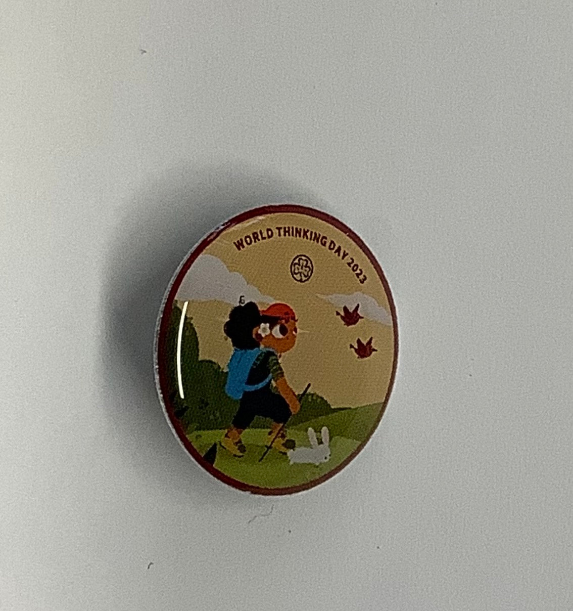 a round metal badge with an enamel front with a guide walking outdoors with a rabbit near her