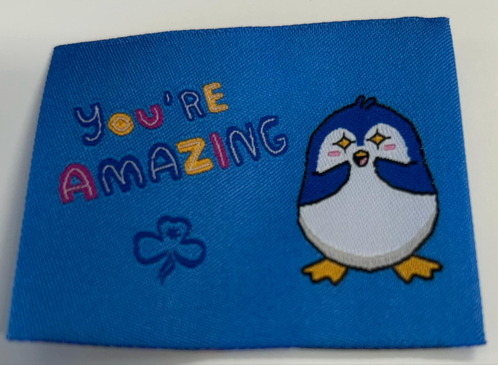 a square blue unbound badge with a penguin and the words you're amazing